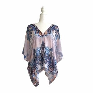 Zac & Rachel Top Poncho Lilac Blue Paisley V-Neck Festival Boho Poncho Top Small